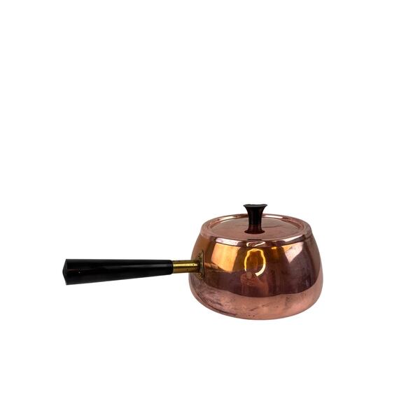 Vintage MCM Solid Copper Pot Rose Gold Metal Wooden Handle Lid Made In Portugal - Picture 1 of 11